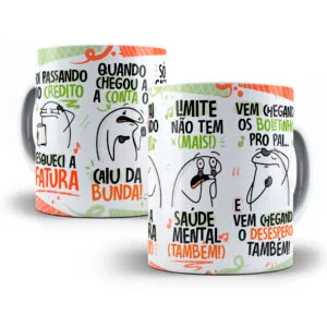 Arte Caneca Fui Passando no Crédito Esqueci a Fatura Laranja 29 Ilustração digital com duas canecas brancas, frases cômicas e personagens
