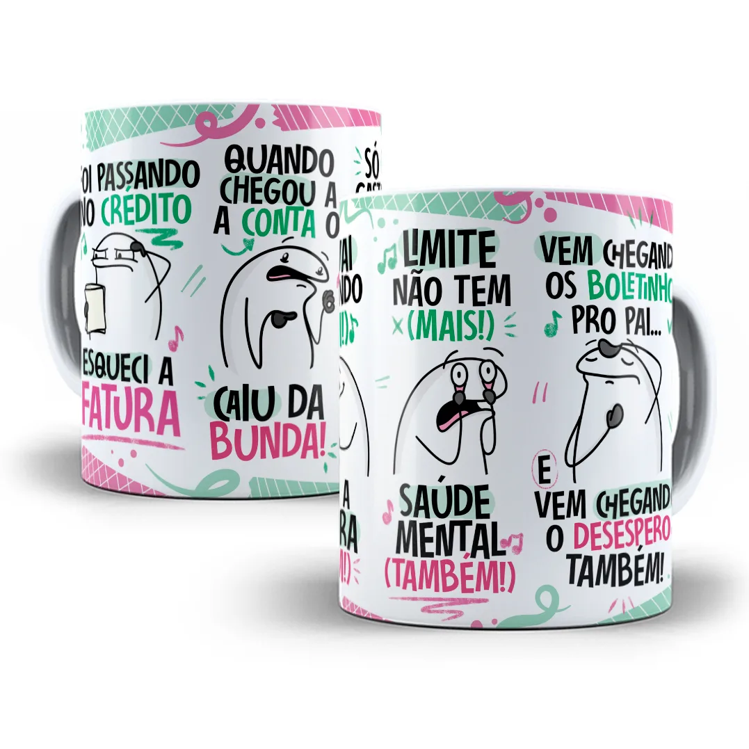 Arte Caneca Fui Passando no Crédito Esqueci a Fatura Rosa 1 Arte digital com frases e personagens cômicos em fundo branco