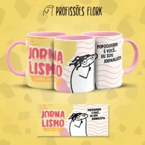 Arte digital com canecas amarelas e rosa, desenhos e frases sobre jornalismo.