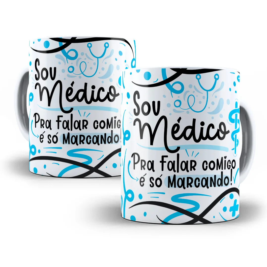 Duas canecas brancas com estampa azul e preta, incluindo texto e símbolos médicos.