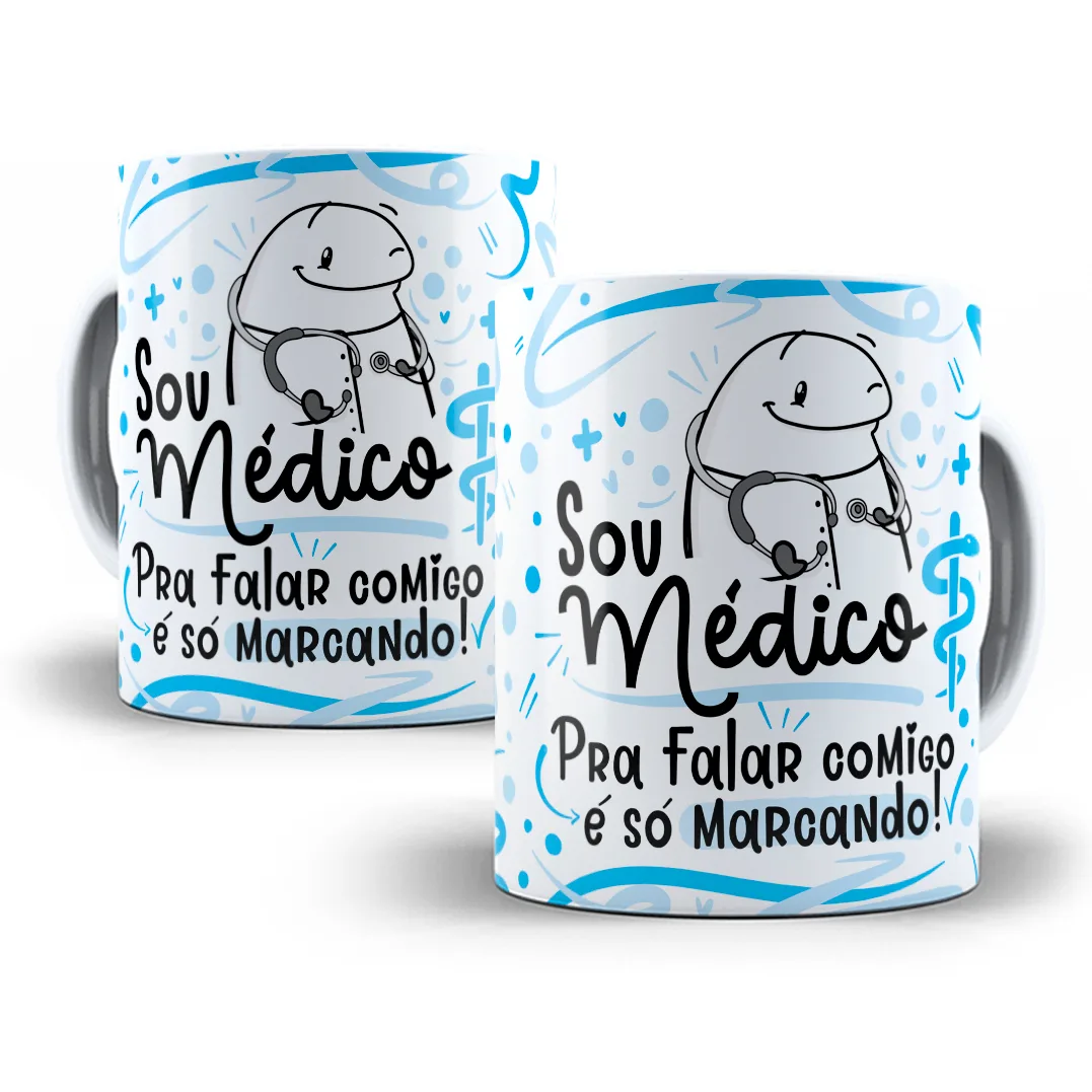 Ilustração de personagem branco sorridente usando estetoscópio com frase sobre médico.