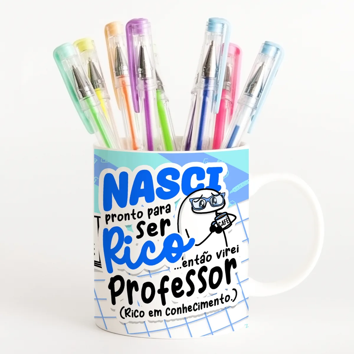 Arte digital de caneca branca com canetas coloridas