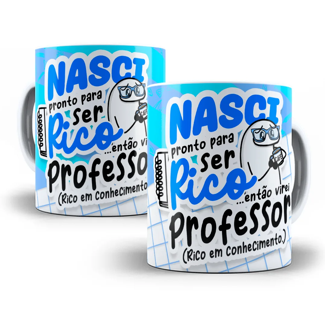 Duas canecas brancas com design azul e texto divertido sobre ser professor.