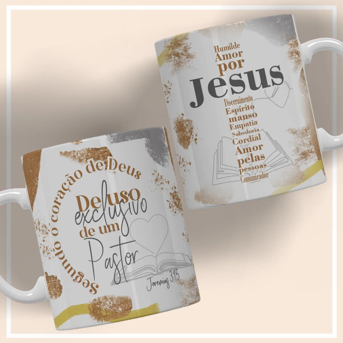 Duas canecas brancas de cerâmica com estampas religiosas em tons de dourado e marrom.