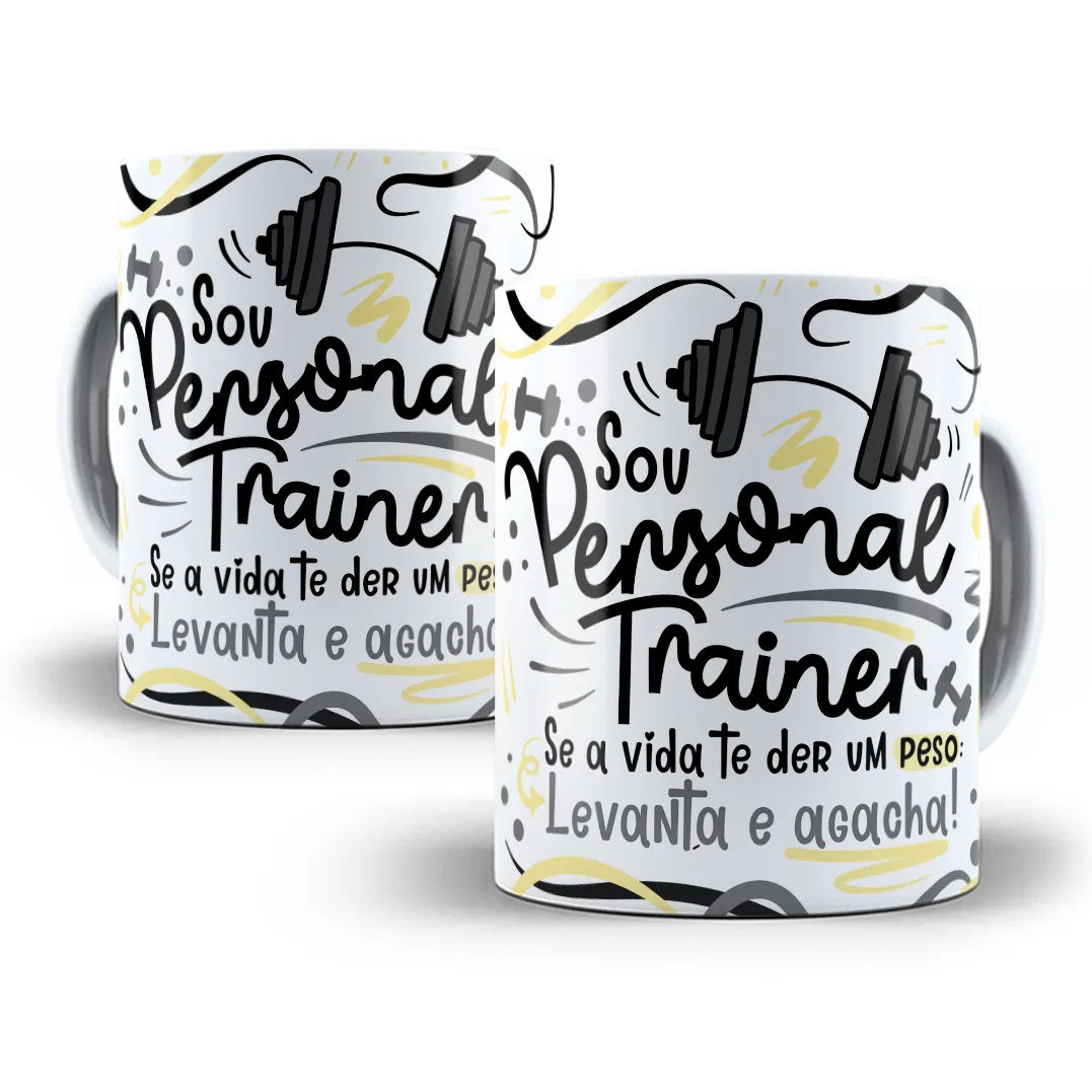 Estampa com halteres, frases e traços em preto, branco e amarelo