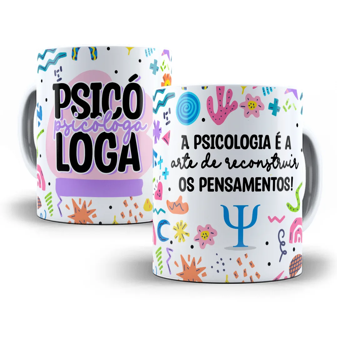 Duas canecas brancas com arte colorida e texto sobre psicologia.