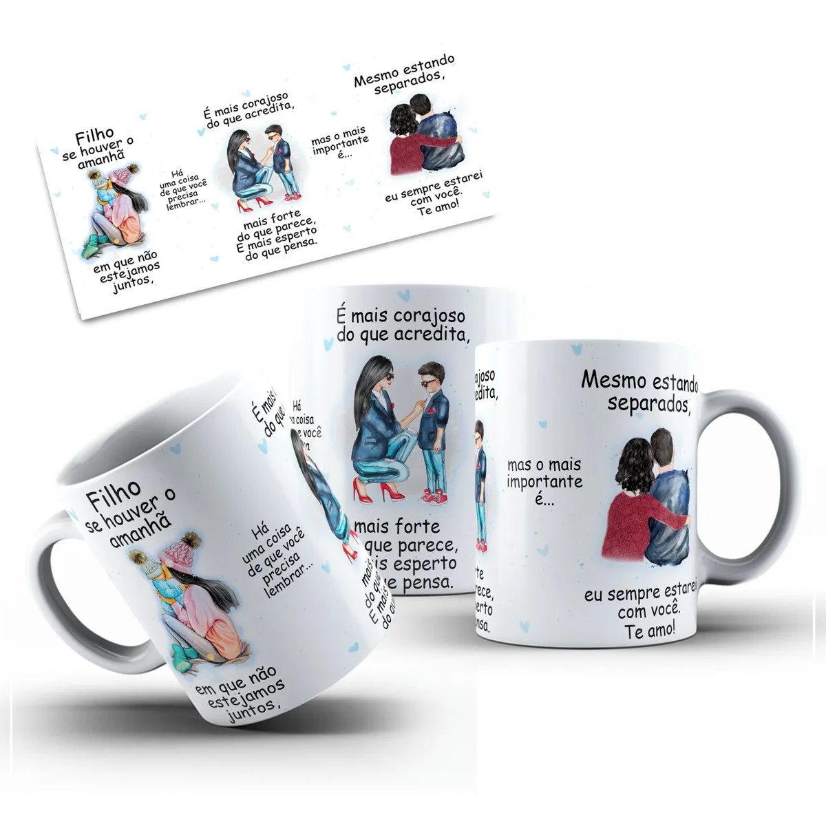 Arte Caneca se Houver Amanha Filho - Png 2 Duas canecas brancas exibem estampas com ilustrações e textos em português.