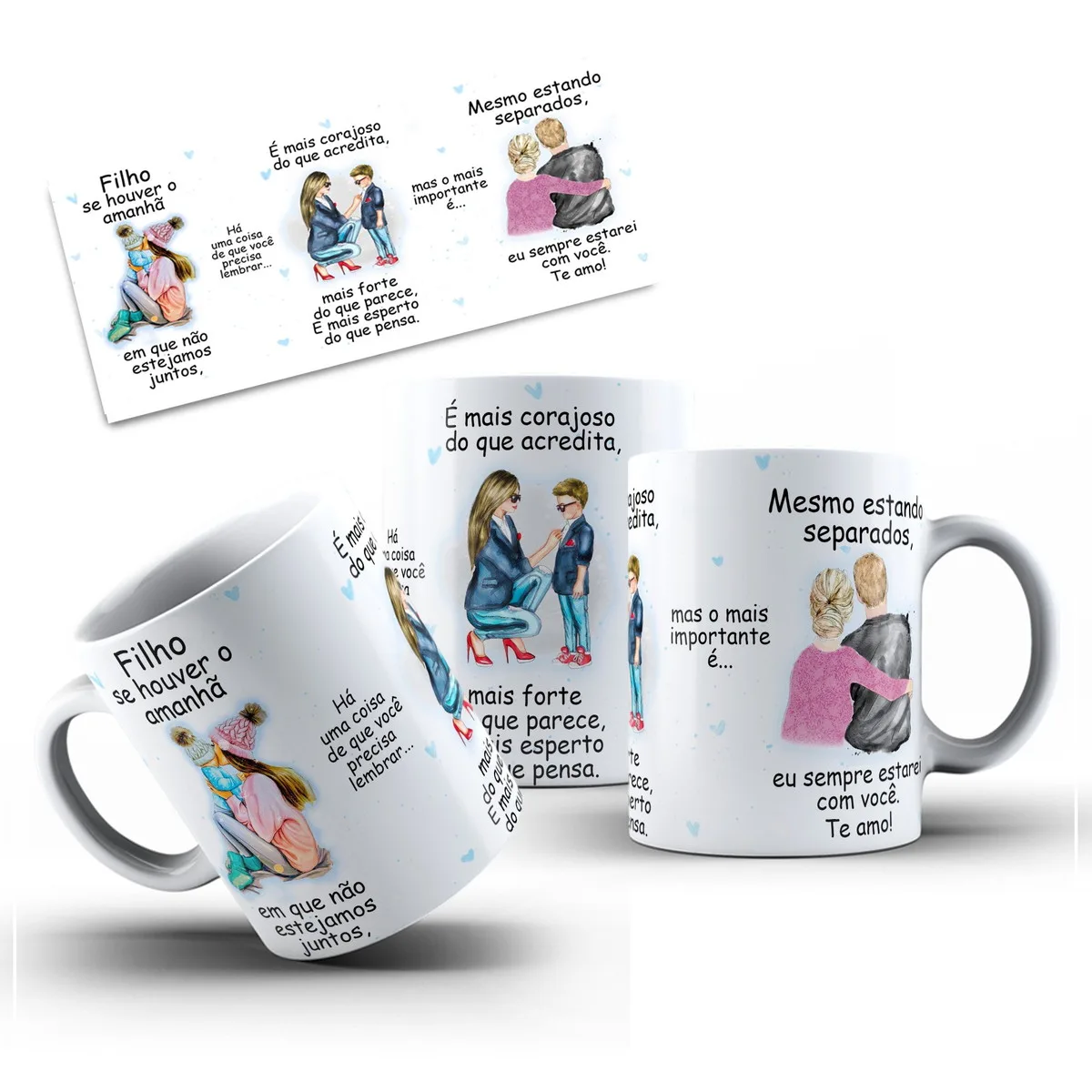 Arte Caneca se Houver Amanha Filho - Png 3 Canecas brancas com ilustrações e textos afetuosos direcionados a um filho.