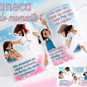 Arte digital com ilustrações religiosas e textos em português.