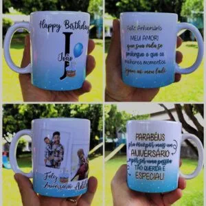 Arte Digital Caneca Aniversário Masculino - Png e Corel 38 Mãos segurando canecas brancas personalizadas com artes de aniversário e mensagens carinhosas.
