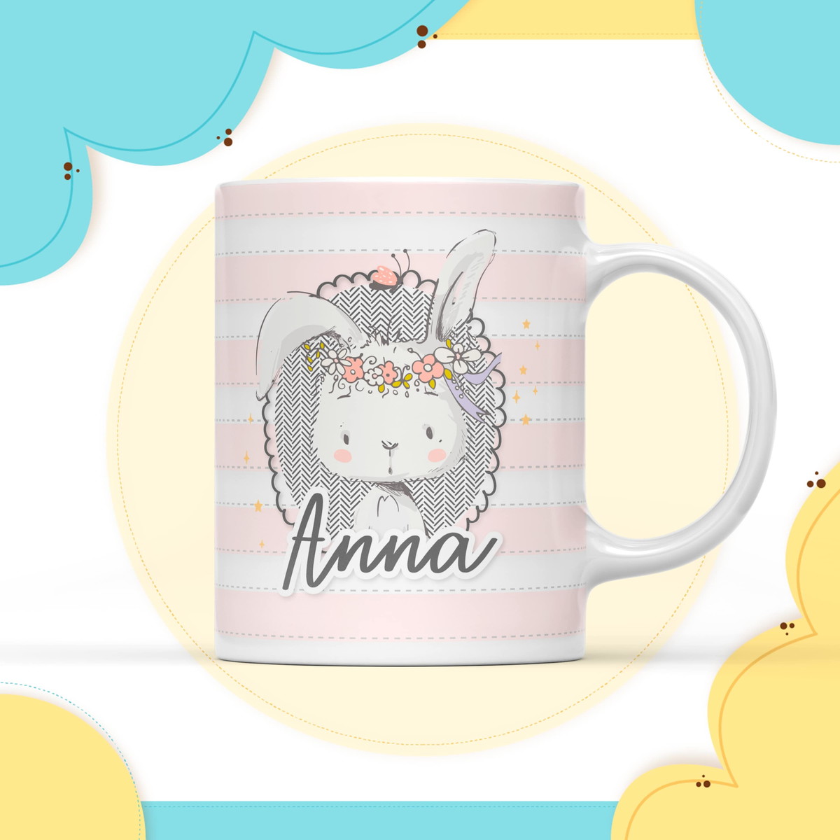 Arte Digital Caneca Coelhinha - Arquivo Digital 1 Caneca personalizada com desenho de coelho e flores