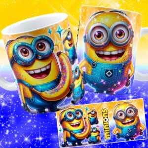 Duas canecas brancas com estampa colorida de personagens amarelos e efeito de brilho intenso.