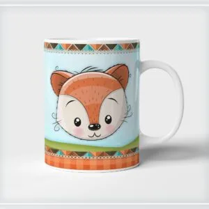 Caneca branca estampada com desenho de cabeça de raposa estilo infantil e colorido