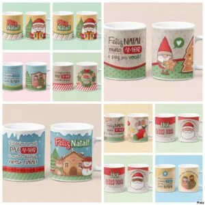 Canecas com estampas natalinas: Papai Noel, gnomo, árvore e frases festivas.