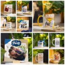 Coleção de canecas e placas personalizadas com designs para o Dia dos Pais.