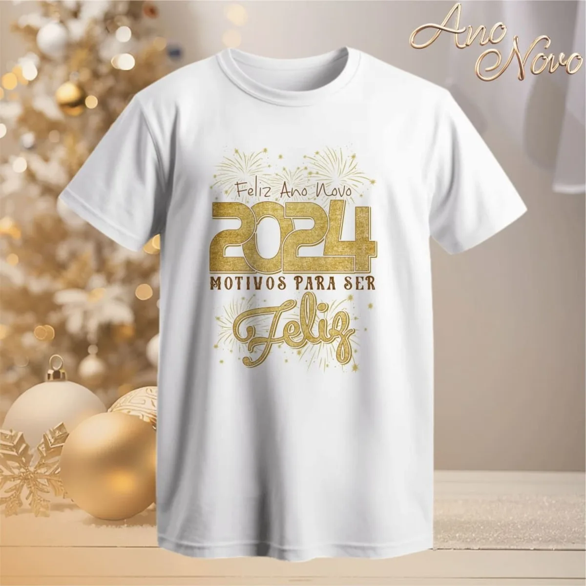 Artes Camisetas Ano Novo 2024 2 Estampa digital de Ano Novo com 2024 e fogos dourados