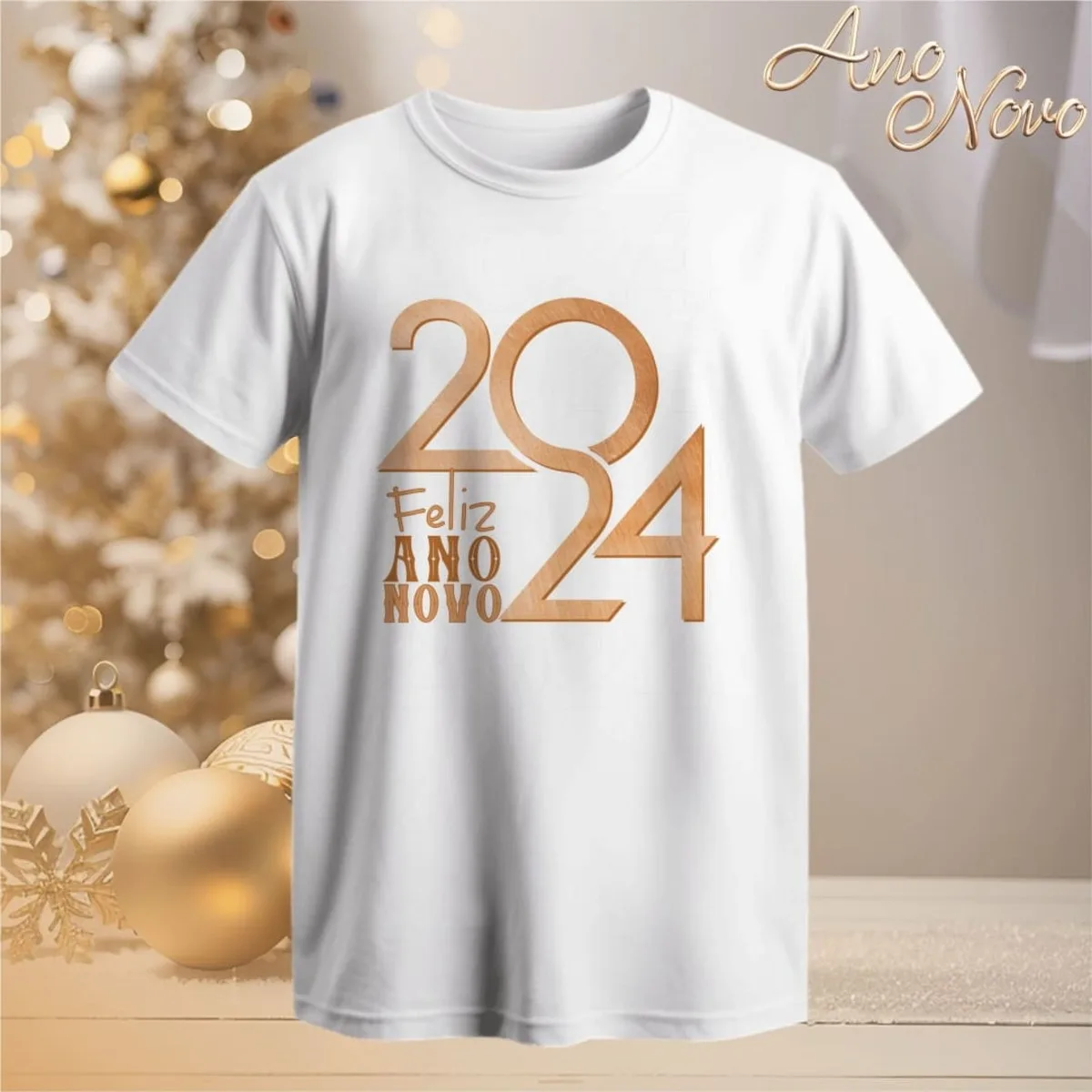 Artes Camisetas Ano Novo 2024 3 Camiseta branca estampa dourada feliz ano novo sobre fundo festivo de natal