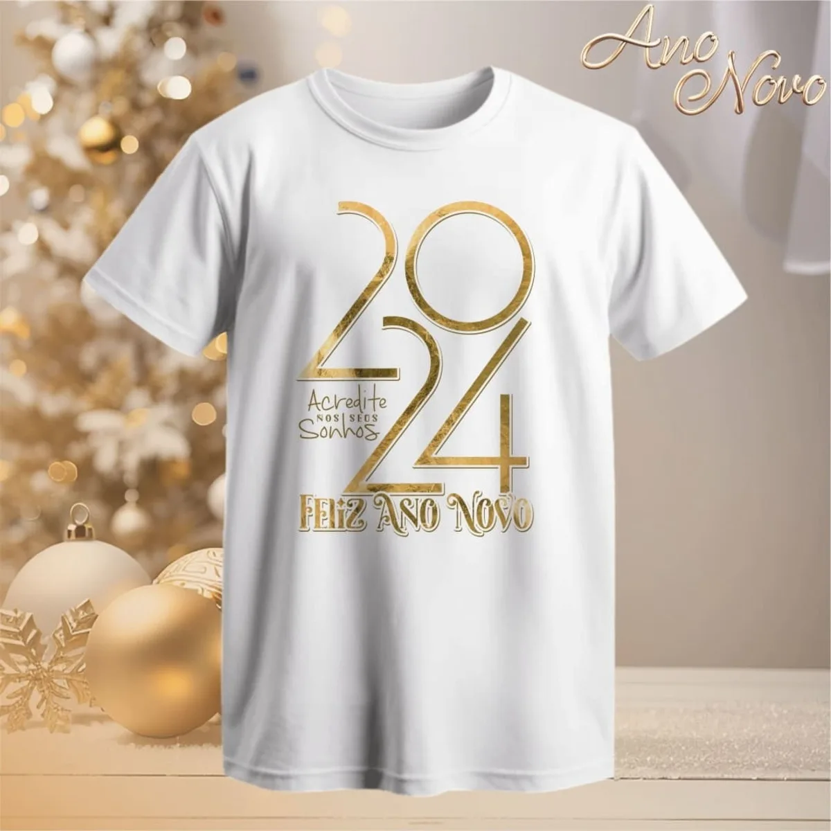 Artes Camisetas Ano Novo 2024 4 Camiseta branca estampa dourada 2024 feliz ano novo sobre fundo decorado.