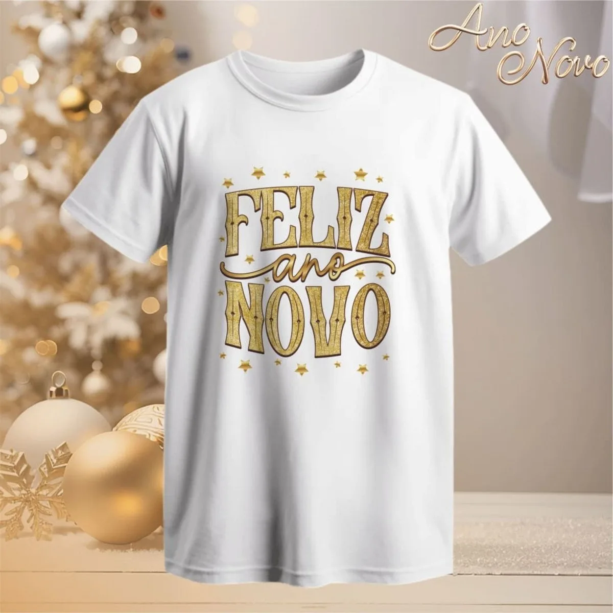 Artes Camisetas Ano Novo 2024 1 Camiseta branca com estampa dourada Feliz Ano Novo e estrelas