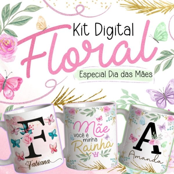 Artes Caneca Alfabeto Floral Especial Dia das Mães + Frases