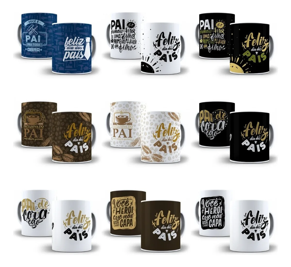 Nove pares de canecas com estampas e frases para o Dia dos Pais.