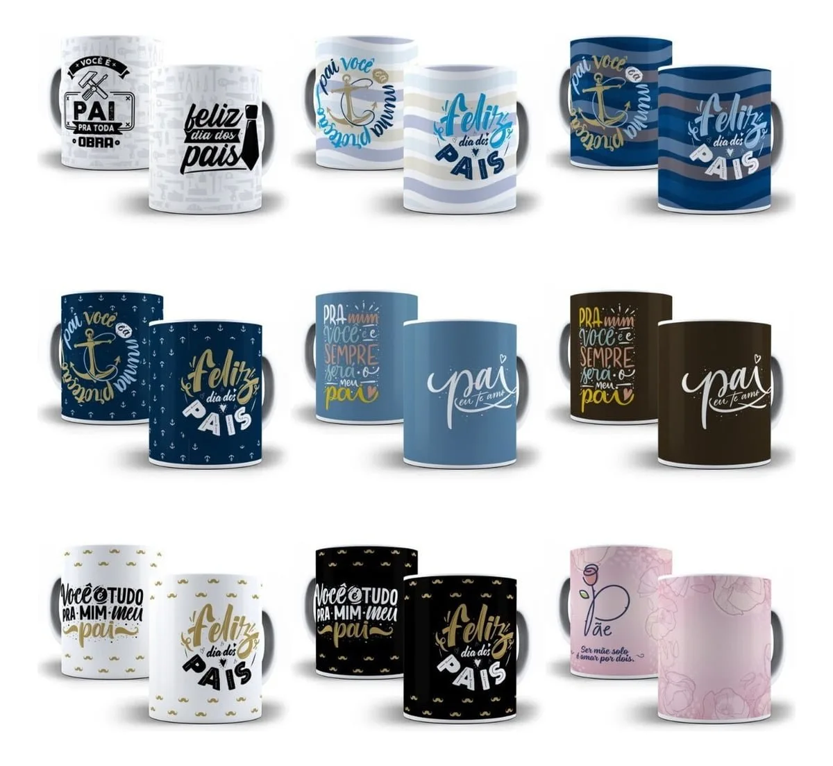 Coleção de canecas decoradas com estampas variadas para o dia dos pais.