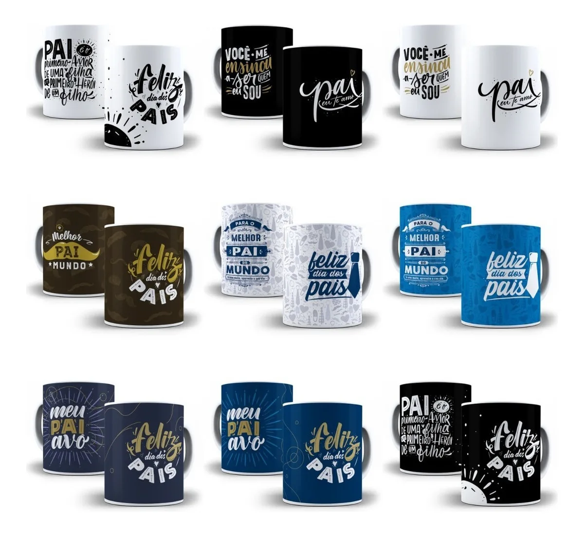 Coleção de canecas estampadas com mensagens temáticas e designs variados.