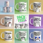 Grade digital com nove ilustrações de personagens e frases cômicas