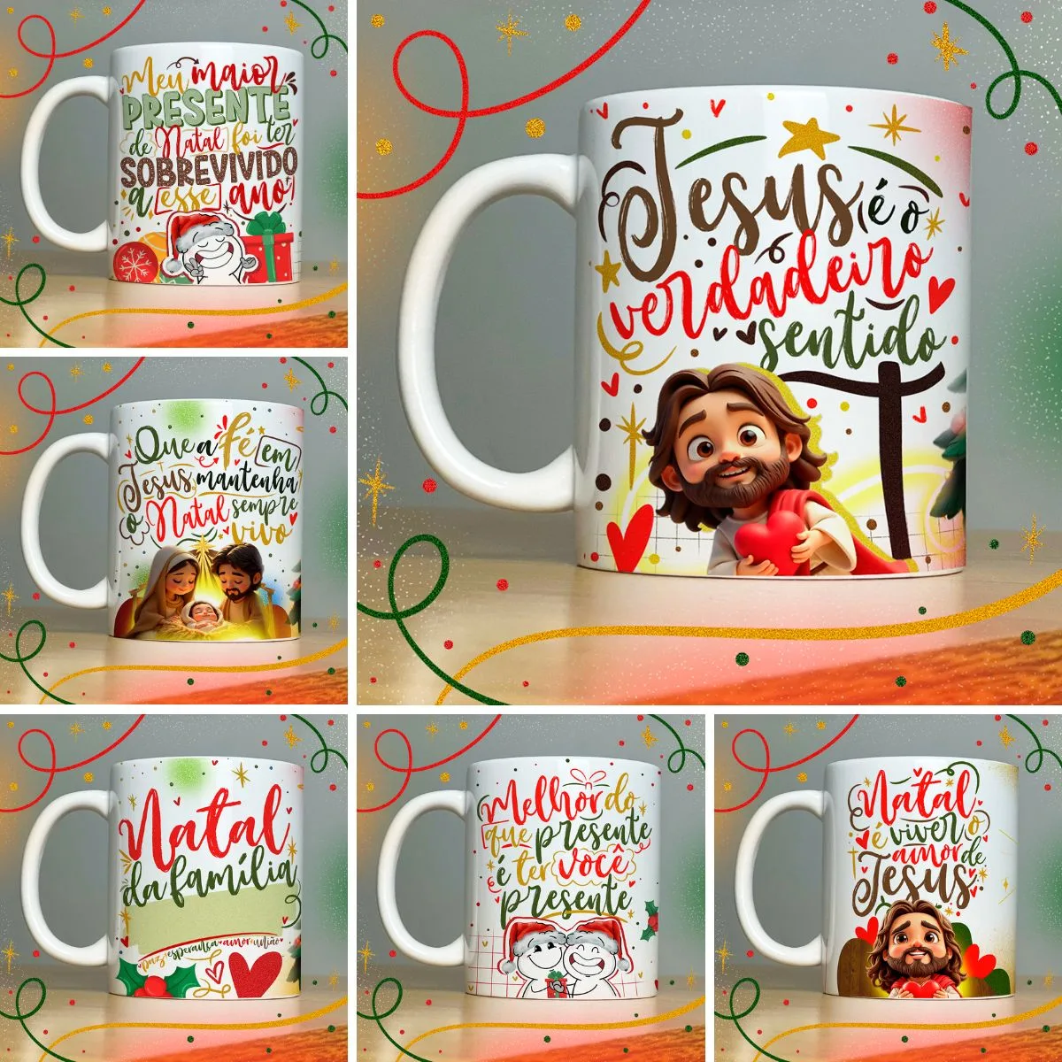 Artes Caneca Natal Lindas Frases e Mensagens Natalinas 1 Canecas brancas com arte festiva, frases e ilustrações coloridas sobre fundo decorado.