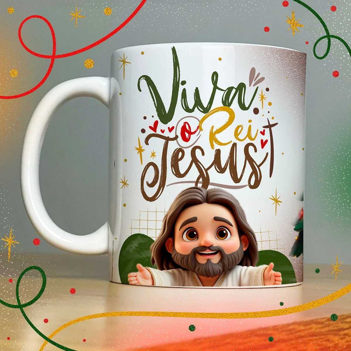 Artes Caneca Natal Lindas Frases e Mensagens Natalinas 9 Arte digital com frase religiosa, figura sorridente e fundo festivo colorido.