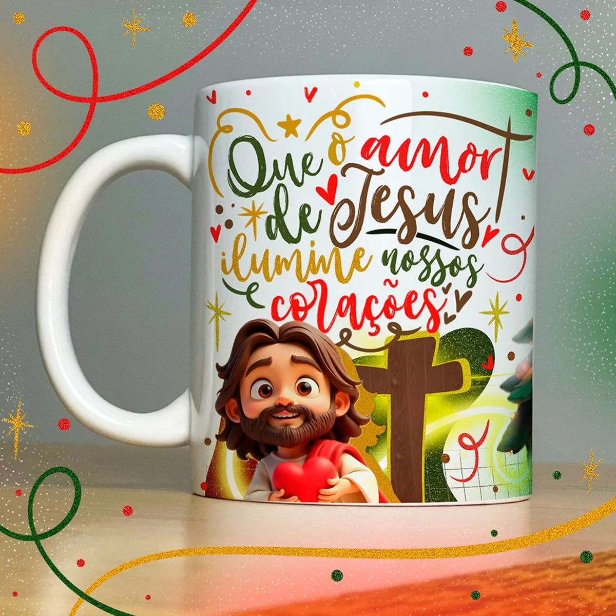 Artes Caneca Natal Lindas Frases e Mensagens Natalinas 8 Arte digital com frase religiosa, coração vermelho, cruz e estrelas coloridas