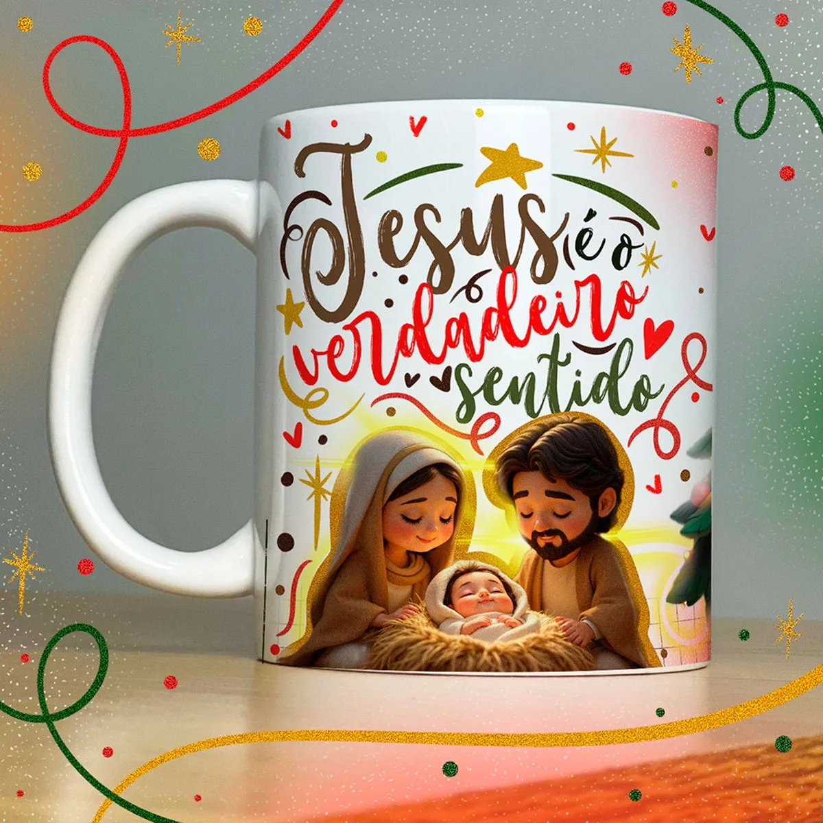 Artes Caneca Natal Lindas Frases e Mensagens Natalinas 6 Caneca branca ilustrada com presépio e frase natalina em letras cursivas