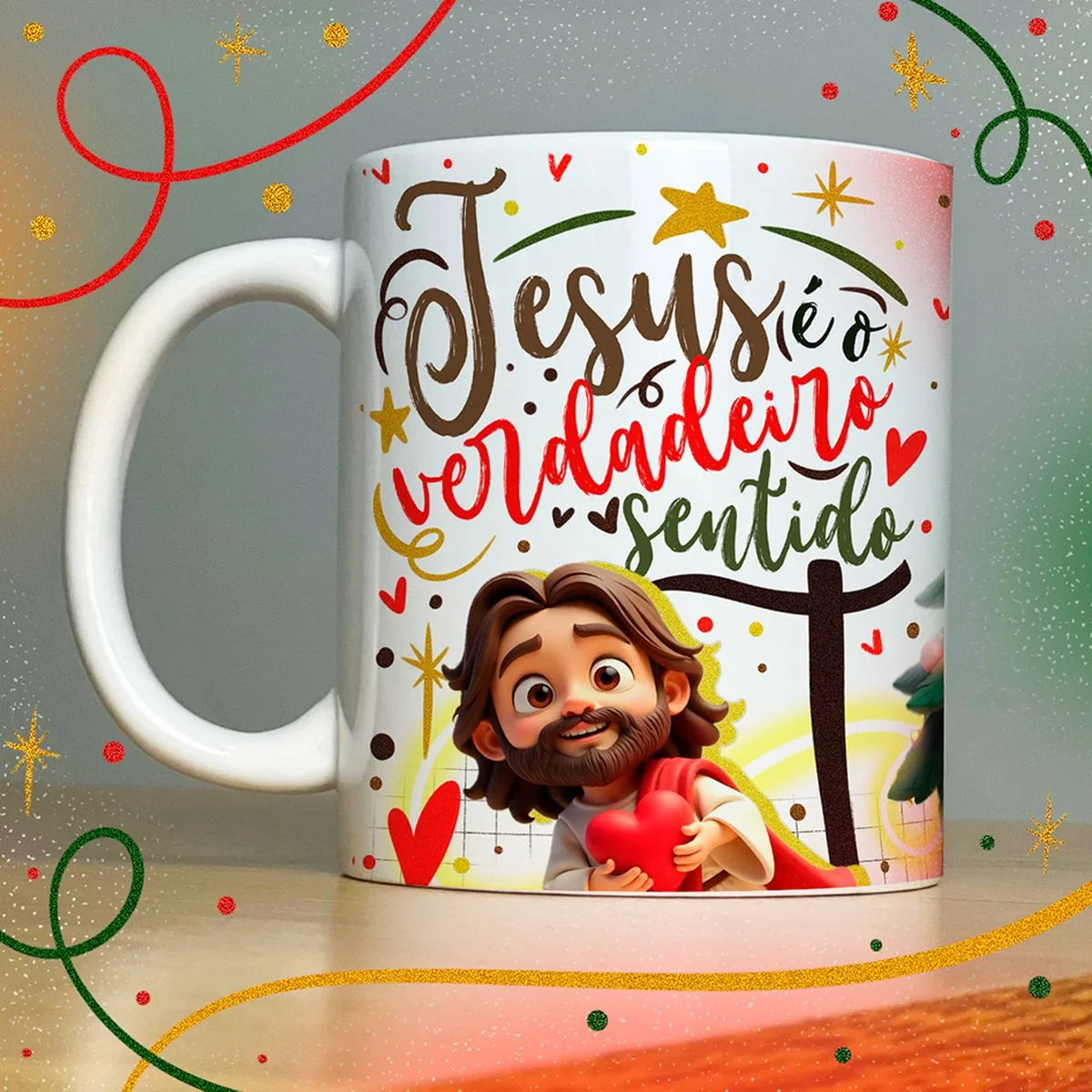 Artes Caneca Natal Lindas Frases e Mensagens Natalinas 3 Caneca branca com ilustração de personagem feliz e texto festivo, fundo brilhante.