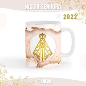 Caneca branca estampada com ilustração dourada de uma silhueta religiosa e fundo rosado.