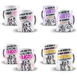 Artes Caneca Secretária Profissão Frases Flork Meme Café Png 10 Oito canecas brancas com ilustrações engraçadas de bonecos e textos temáticos sobre secretárias.