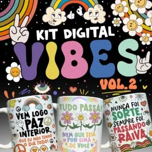 Artes Caneca Vibes Vol. 2 Frases Engraçadas Deboche Meme 9 Ilustração digital retrô com flores sorridentes, arco-íris e letras coloridas.