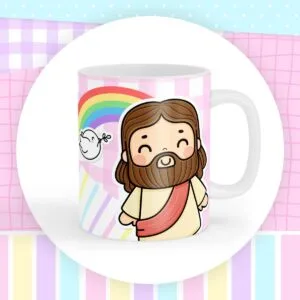 Imagem digital de caneca branca com ilustração alegre de figura barbada, arco-íris e pomba.