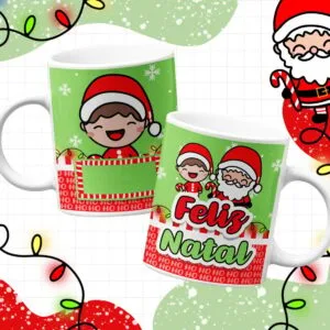 Artes Canecas Natal Infantil 8 Duas canecas brancas com ilustrações de desenhos temáticos de Natal sobre fundo verde.