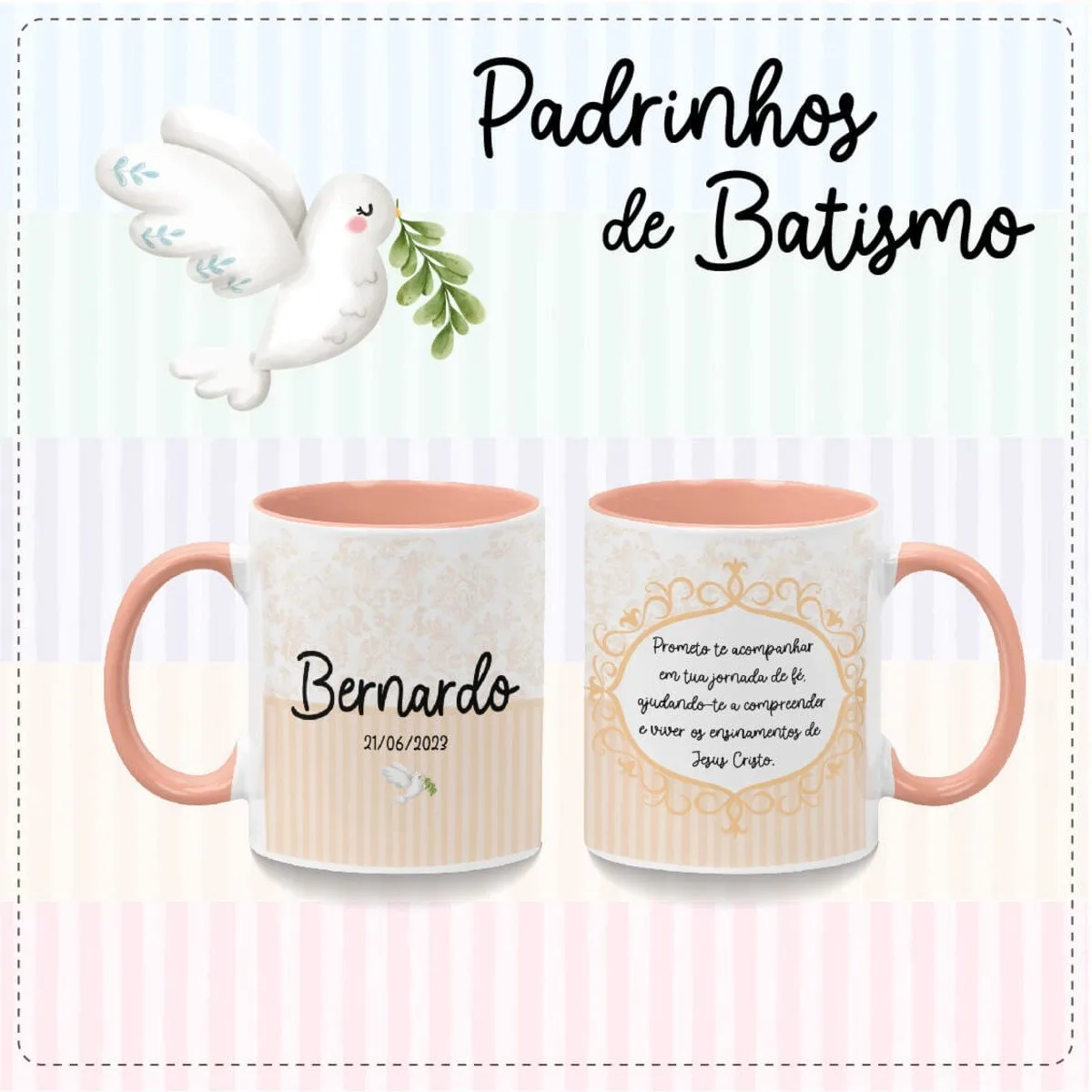 Arte digital com duas canecas personalizadas, texto em português e desenho de pomba