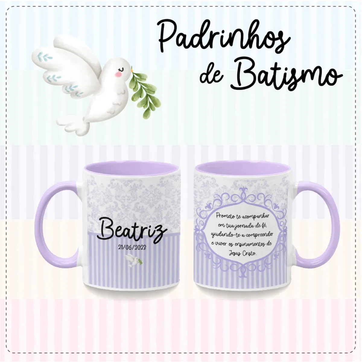 Duas canecas brancas com estampa lilás e texto personalizado sobre fundo listrado.