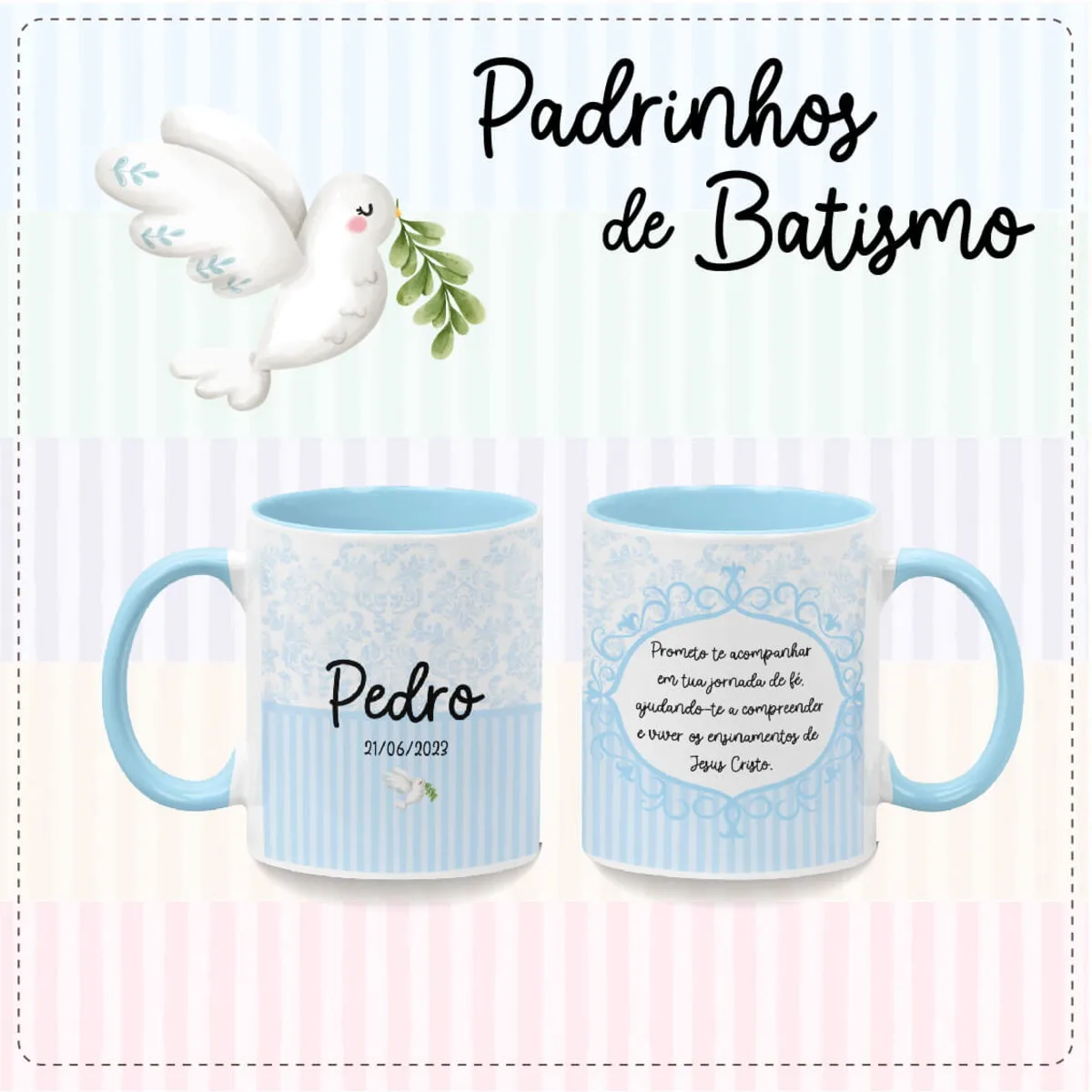 Duas canecas brancas e azuis com temática de batismo, pomba e texto personalizado.
