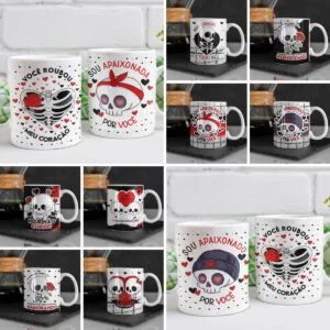 Artes Dia dos Namorados Caveiras Fofas Caneca Camiseta