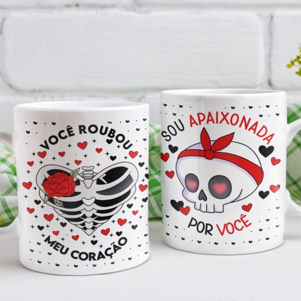 Artes Dia dos Namorados Caveiras Fofas Caneca Camiseta