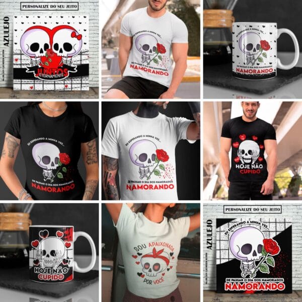 Artes Dia dos Namorados Caveiras Fofas Caneca Camiseta