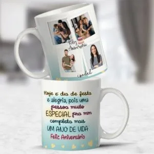 Duas canecas brancas personalizadas com fotos, mensagens de aniversário e corações amarelos.