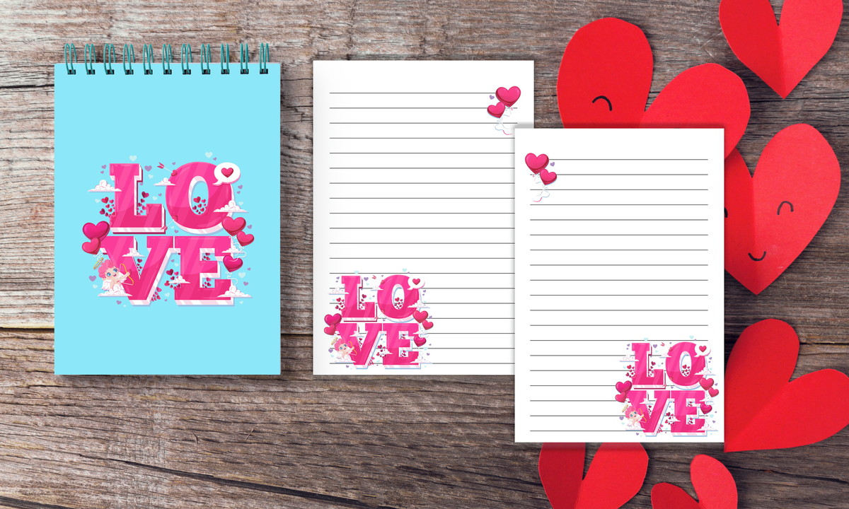 Bloco Love - Arquivo Digital 1 Arte digital de capa de caderno azul e páginas pautadas com tema amor, corações e cupido.
