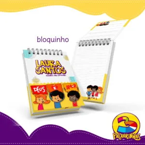 Dois blocos de notas com ilustrações infantis e escrita sobre fundo amarelo.