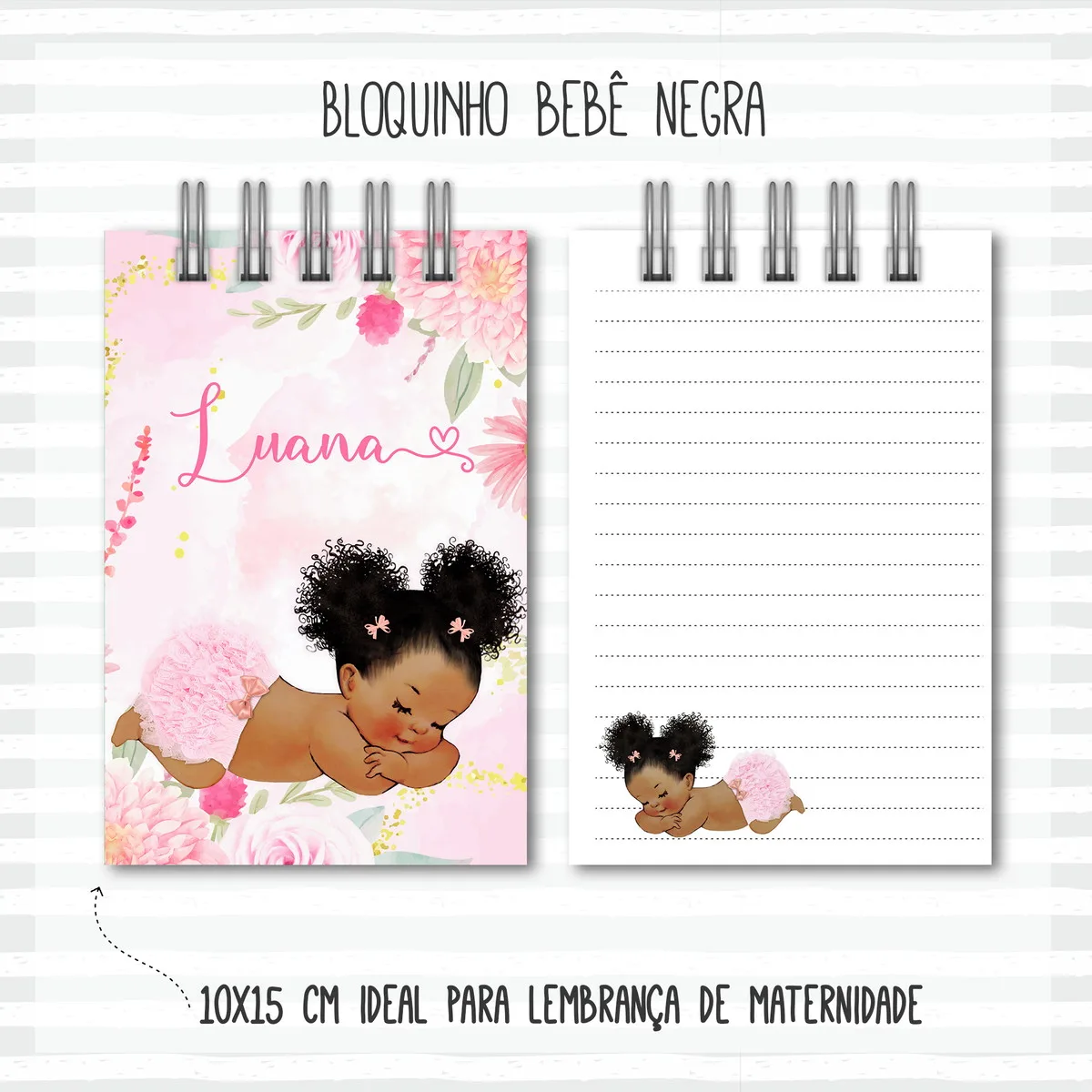 Dois bloquinhos de anotações com ilustração de bebê e flores em tons rosa.