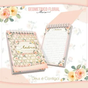 Dois blocos de notas com estampa geométrica e flores em tons pastéis.