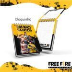 Bloquinho digital espiral com personagens de Free Fire e design amarelo vibrante.